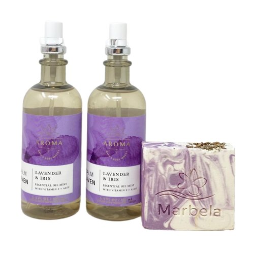 Bath & Body Works Aroma Calm Haven Lavender & IRIS 2 Pack Essential Oil Mist Set with a Lavender Dream Bar Soap - Full Size