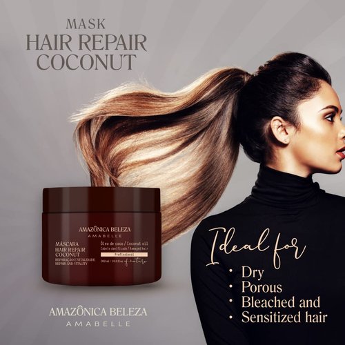 AMAZONICA BELEZA Coconut Hair Mask, Repairs Damaged Hair and Restores Hair Proteins for Healthy, Vital Hair, with Coconut Oil, Sulfate & Parabens Free, Professional Line, 10 Oz