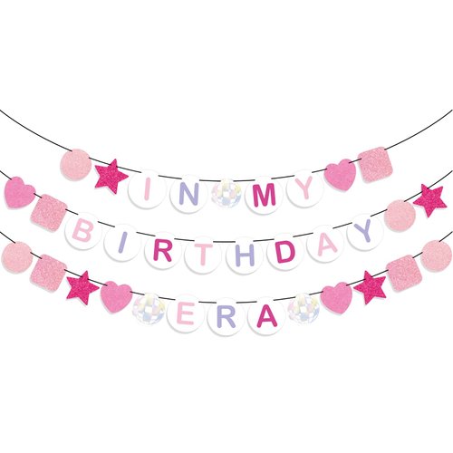 JarThenaAMCS In My Birthday Era Banner Pink Glitter Friendship Bracelet Banner Birth-Tay Era Tour Hanging Bunting Garland for Its A Girl Music Birthday Party Decor