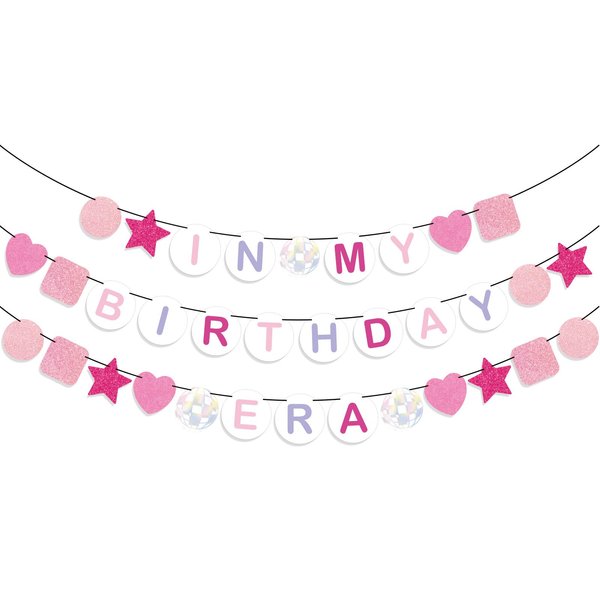 JarThenaAMCS In My Birthday Era Banner Pink Glitter Friendship Bracelet Banner Birth-Tay Era Tour Hanging Bunting Garland for Its A Girl Music Birthday Party Decor