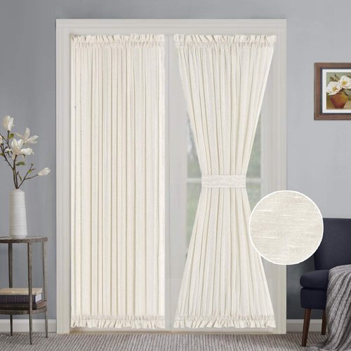 Turquoize Elegant Linen French Door Curtains Light Filtering Curtain Panels Rod Pocket Linen Panel for Glass Door With Tie-Back Privacy Assured Semi Sheer Door Panels, 52"W by 72"L, 2 Panels, Natural