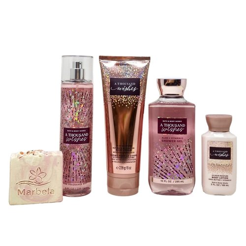 Bath & Body Works A Thousand Wishes Everyday Bundle - Fragrance Mist - Body Cream - Shower Gel - Travel Body Lotion - with a Himalayan Salts Springs Bar Soap