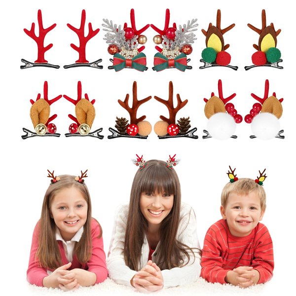 PHOGARY 6 Pairs Christmas Hair Clips, Reindeer Antlers Hair Clips, Deer Ears Barrettes Bow Decorative Hairpins Christmas Hair Accessories for Girls Women
