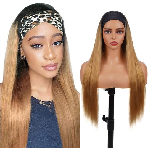 Rostationa Headband Wig Human Hair Straight 14 Inches 1b/27 Human Hair Headband wig None Lace Front Wigs Human Hair Wig for Black Women Machine Made Wigs 150% Density wig（1B/27,ST,14Inch