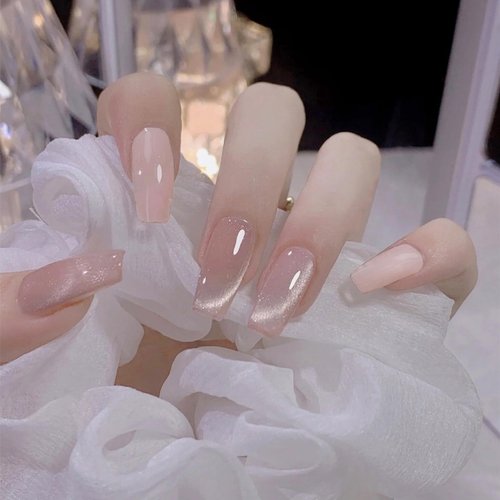 MERVF Coffin Press on Nails Long Fake Nails Ballerina Glue on Nails with Cat Eye Design Glossy 24pcs Ombre Artificial Acrylic Nails for Women
