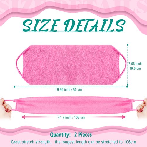 Back Scrubber for Shower Exfoliating Washcloth Back Cloth Body Extended Length Scrubber Towel Nylon Exfoliating Stretchable Pull Strap Wash Cloth for Bath Body Scrub Washcloth 2 Pack (Pink,Mint)