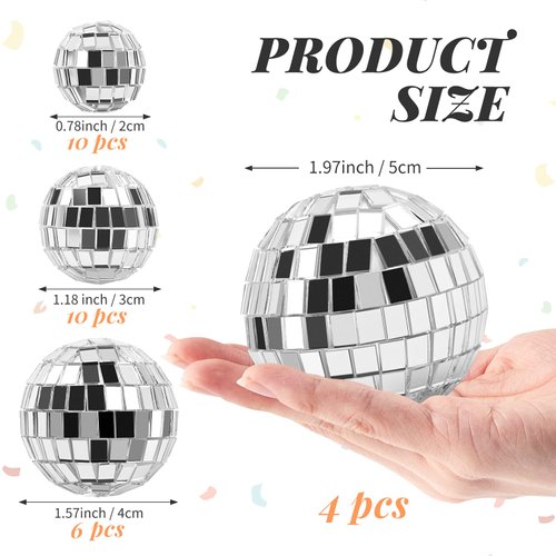 CLUEWR 30 PCS Disco Balls Cake Decoration, Small Silver Reflective Mirror Ball Disco Table Decor 70s Disco Themed Party Supplies for Festive, 4 Sizes