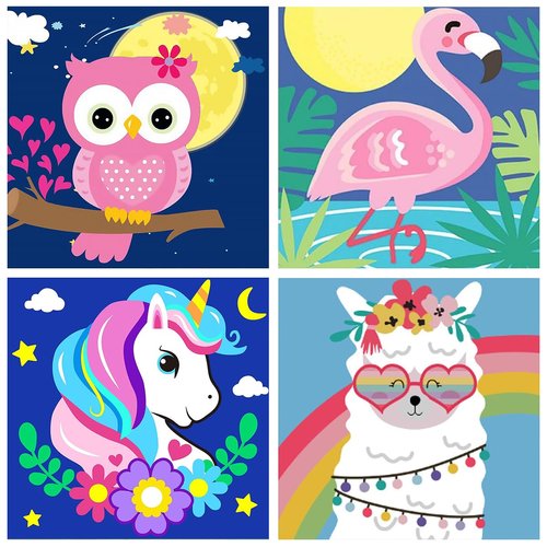 MXCFZX 4 Pack Paint by Numbers for Kids - Paint by Number for Kids Beginners Easy Acrylic Watercolor Paint Numbers Canvas Arts for Kids Ages 4-8, Oil Painting Paint by Number Kits for Decoration 8x8in