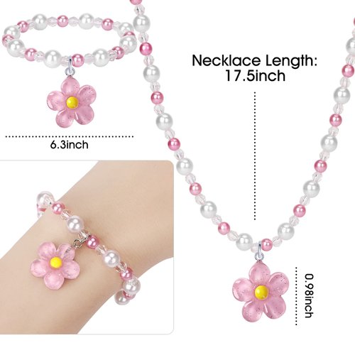 BGSHEMNI Girls Flower Jewelry Set - Toddler Dress up 5 Piece Pretend Plasy Toy Jewelry Box Set with Bead Necklace, Bracelet Ring and Hair Clips - Play Accessories - Ages 3+ Girl Birthday Gifts