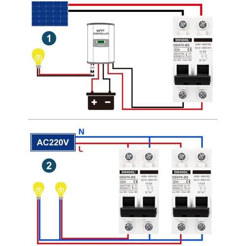 30 Amp 12V-400V AC DC Miniature Circuit Breakers (10A 15A 20A 25A 40A 50A 60A Optional) for Solar Panel PV System - Disconnect Switch, AC 110V DIN Rail MCB