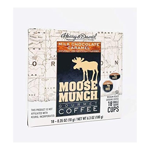 Harry & David Moose Munch Gourmet Coffee 18 Single Serve Cups Beverage Hot or cold (Milk Chocolate Caramel)