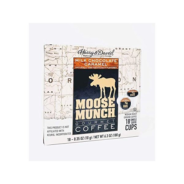 Harry & David Moose Munch Gourmet Coffee 18 Single Serve Cups Beverage Hot or cold (Milk Chocolate Caramel)