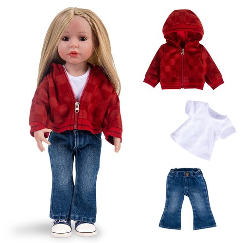 Rakki Dolli 3 Pc. Set Doll Clothes Set Big Red Coat Blue Jeans & White T-shirt Baby Doll Clothes Suit (without Doll & Shoes) 029