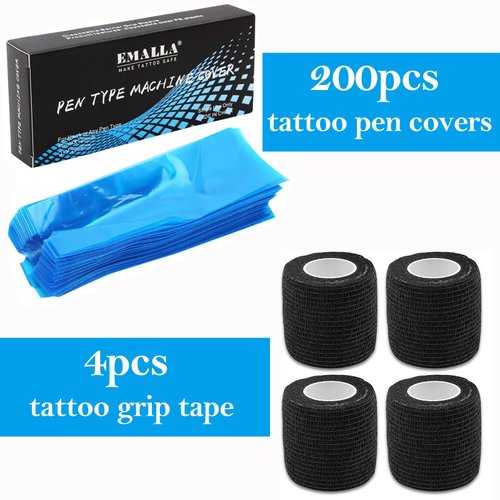 Pen Machine Covers with Grip Tapes, Urknall 200pcs Tattoo Pen Covers and 4pcs Tattoo Grip Wrap Tattoo Machine Bags Tattoo Grip Covers Tattoo Pen Sleeves Combination Tattoo Supplies