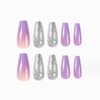 DANMANR Medium Press on Nails Sequins False Nails Art Full Cover Acrylic Coffin Purple Fake Nails for Women and Girls 24PCS