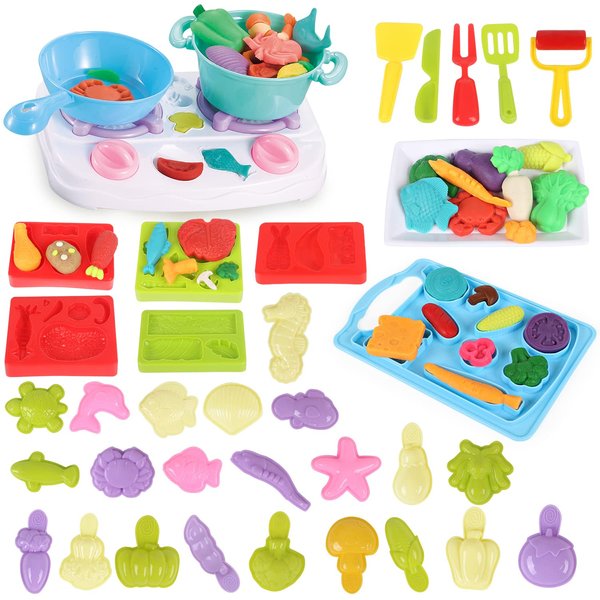 HASAYAQI Kids Play Dough Play Food Set, Stovetop Play Do Kitchen Accessories, Kitchen Creations Toy,Pretend Play Cooking Game, Educational Toddler Toys,Gift for Kids Ages 4-8