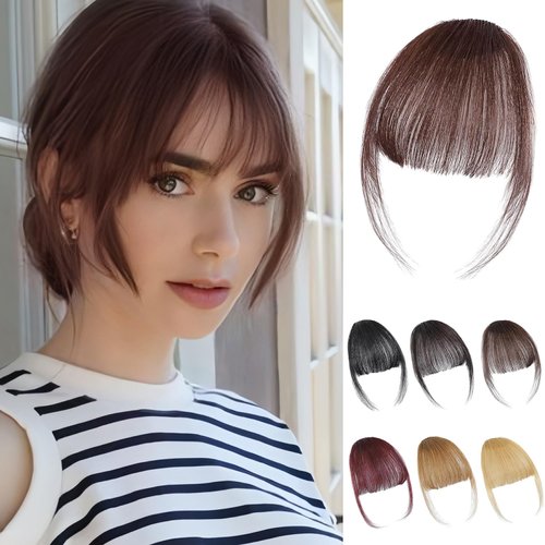 HH FASHION Clip in Bangs - 100% Human Hair Bangs Clip in Hair Extensions Dark Brown Wispy Bangs, Clip on Air Curtain Bangs Fringe With Temples Hairpieces Curved Bangs For Women Daily Wear
