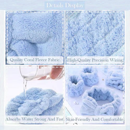 Seakcoik 5Pcs Face Wash Headband and Wristband Set for Women, Hair Band and Wrist Towels Water Guards for Washing Face, Makeup, Skincare (Blue)