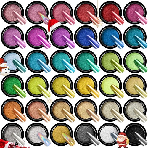 36Pcs Saviland Mirror Chrome Nail Powder Set - Metallic Holographic Chrome Nail Powder Black Blue Silver Gold Mirror Nails Chrome Powder for Nails French Manicure Nail Art Decoration Home Salon DIY
