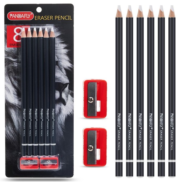 PANDAFLY Eraser Pencil Set - 6pc Eraser Pencils and 2pc Sharpener, Erasing Small Details or add Highlights for Sketching, Charcoal Drawings. Art Eraser Pencils for Artists & Beginners