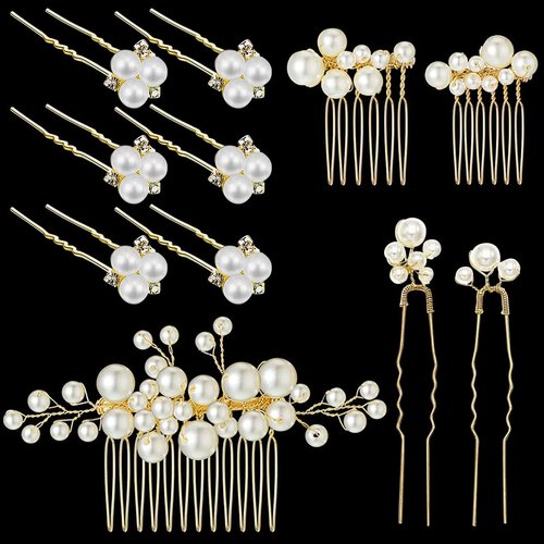 Qililandiy 11 Pcs Wedding Hair Comb Pearls Flower Hair Side Comb Bridal Rhinestone Hair Clips Hairpieces Wedding Hair Accessories for Brides and Bridesmaids (Gold)