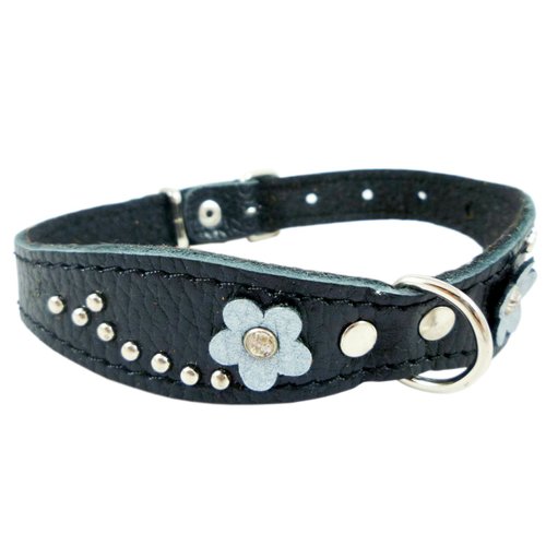 Black Genuine Leather Designer Dog Collar 11" x3/4" with Studs, Daisy, and Rhinestone