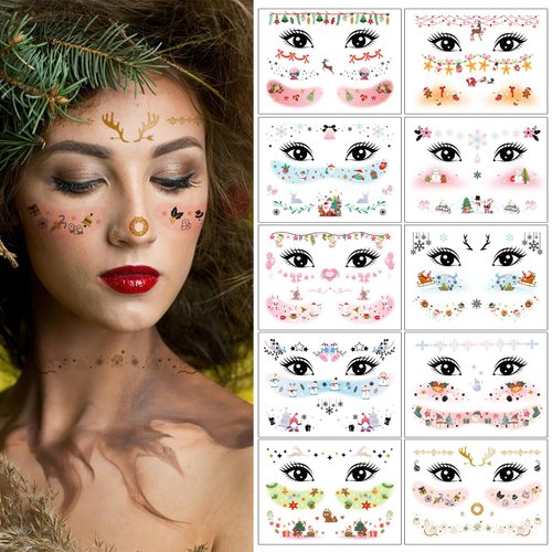 10 Sheets Christmas Face Tattoo Stickers Cute Snowman Elk Waterproof Temporary Tattoos Sticker for Winter Christmas Party Stage Makeup Face Art Decoration