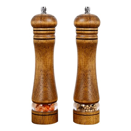 Haomacro Pepper Grinder,Wood Salt and Pepper Grinder Mills Sets，Classic Manual Salt Grinder Refillable Pepper Mill Sets with Acrylic Visible Window Adjustable Ceramic Grinding Rotor 8 inch 2 Pack