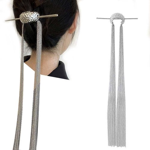 Leadigol Long Chain Tassel Hairwear,Crystal Ponytail Holder Hairpin Metal Vintage Hair Chopsticks,Hair Cuff Clips,Metal Hair Bun Cage Ponytail Cuffs
