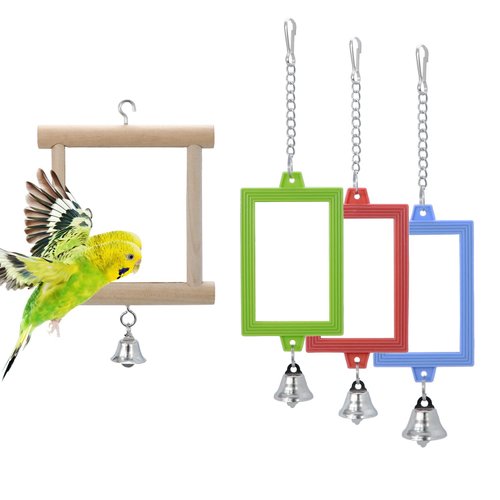 Wontee 4 PCS Bird Mirror with Bell Parrot Hanging Interactive Playing Toy for Cockatiel Parakeets Canaries Budgie Cage Accessories