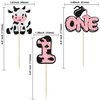 Ephlyn 24Pcs Cow First Birthday Cupcake Toppers Glitter Farm Animals Moo One Cupcake Pick Decorations for Baby Shower 1st Birthday Party Supplies Pink