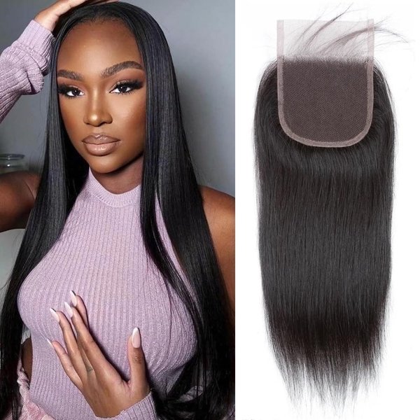 Lace Closure 4x4 HD Lace Closure Straight Lace Closure Human Hair 12 Inch Brazilian Virgin Hair Lace Closure Free Part 100% Human Hair Extensions for Black Women Pre Plucked Natural Color