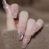 Enppode Coffin Press on Nails Long Fake Nails with Rhinestones Pink Stick on Nails for Women