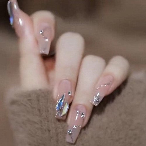 Enppode Coffin Press on Nails Long Fake Nails with Rhinestones Pink Stick on Nails for Women