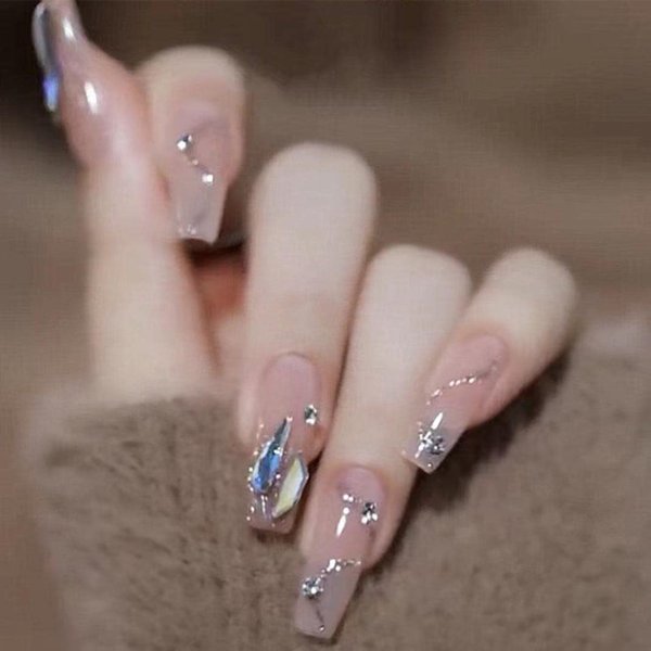 Enppode Coffin Press on Nails Long Fake Nails with Rhinestones Pink Stick on Nails for Women