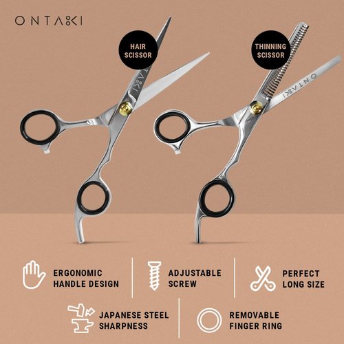 ONTAKI Hair Cutting Scissors Thinning Shears Kit - 7” Overall Length Professional Hair Scissors set - Japanese Steel Hair Shears with 1 Comb & Pouch - Razor Edge Barber Scissors for Men & Women Silver