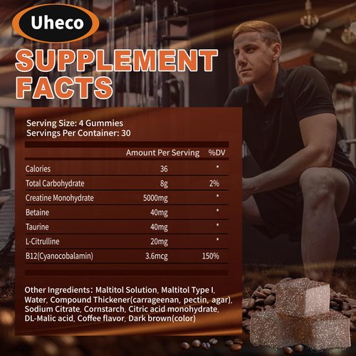 Uheco Coffee Flavor Creatine Monohydrate Gummies 5000mg for Men & Women,Contains L-Taurine + Vitamin B12, Betaine, L-Citrulline for Improve Exercise Endurance, Muscle Strength -120 Count