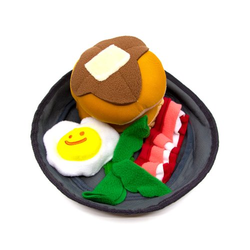 Woof² Sunday Brunch Set Soft Plush Dog Toy of 5 Parts - Pancake, Bacon, Vegetables, Sunny-Side Up Egg and Plate, Play Fetch & Hide Treats for Mental Training, Paper Crinkle Sound, Small Medium Pets
