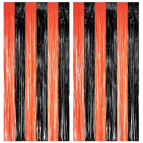 Black Orange Streamers Party Backdrop - GREATRIL Tinsel Fringe Curtain for Halloween Decorations/Pumpkin/Birthdays Party Decoration - 3.2ft X 8.2ft - 2 Packs