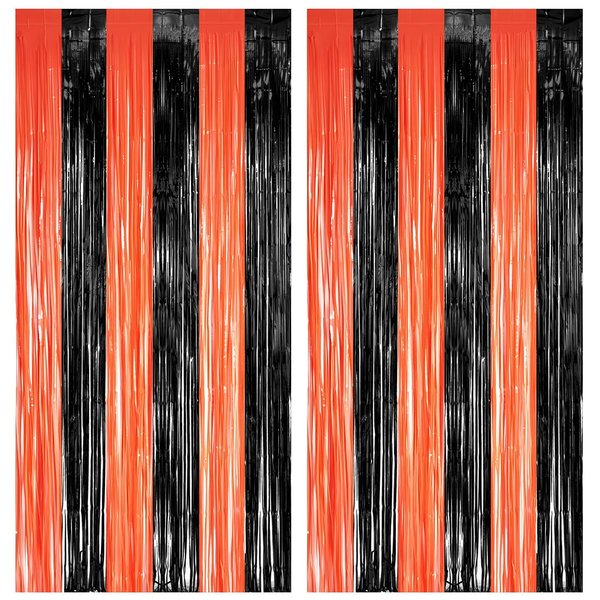 Black Orange Streamers Party Backdrop - GREATRIL Tinsel Fringe Curtain for Halloween Decorations/Pumpkin/Birthdays Party Decoration - 3.2ft X 8.2ft - 2 Packs
