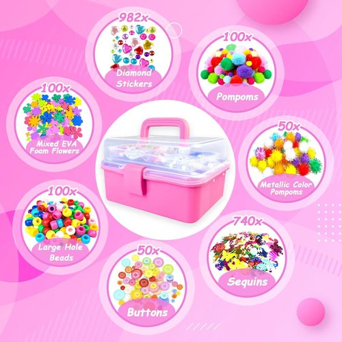 3000 Arts and Crafts Supplies for Kids Craft Kit All in 3 Layered Craft Box with Pipe Cleaners Crafts for Kids Age 4-6, 6-8, 8-12 DIY School Supplies Materials Set Toys Gifts for Girls Boys, Red