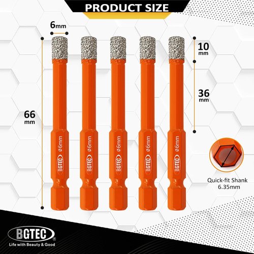 BGTEC Dry Diamond Drill Bits 5pcs 1/4" with Quick Change Hex Shank for Granite Marble Porcelain Tile Ceramic
