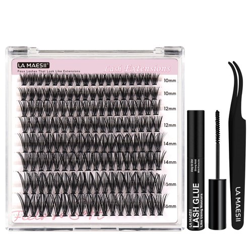 LA MAESII DIY Lash Extension Kit, 40D Lash Clusters Kit Cluster Eyelash Extensions Kit 10-16mm Individual Lashes with Lash Glue and Lash Applicator, Faux Mink Lashes Soft Thin Band Reusable (40D-Kit)