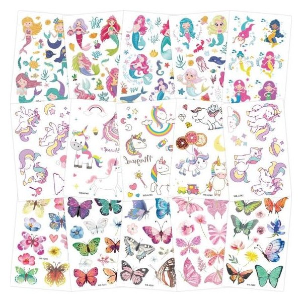 Glitter Mermaid & Unicorn Temporary Tattoo Stickers Cut out tattoo of choice and remove clear sheet