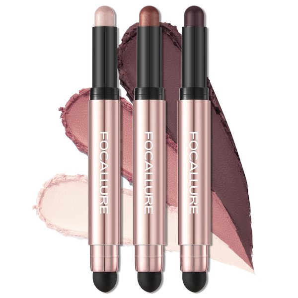 FOCALLURE 3 Pcs No Crease Eyeshadow Sticks,Shimmer & Matte Eye Shadow Crayon with Blending Brush,Smooth Cream Highlighter Pen,Long Lasting Eyeshadow Brightener Stick Makeup,Mania