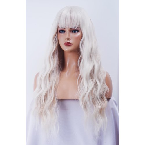 NJJYXH 28 Inches White Mixed Blonde Wigs for Women Long Wavy Wig with Bangs Synthetic Curly Natural Wig for Role Play,Halloween,Daily Use