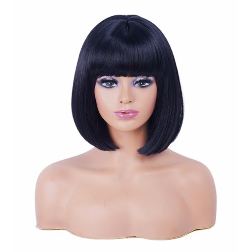 Gerulyss Short Black Bob Wigs for Women Straight Shoulder length wig with Bangs Natural Synthetic Hair Wig for Cosplay,Halloween,Daily Use