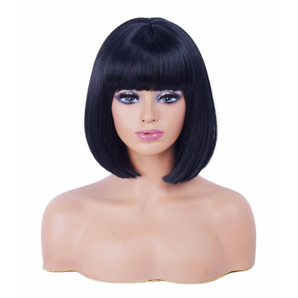 Gerulyss Short Black Bob Wigs for Women Straight Shoulder length wig with Bangs Natural Synthetic Hair Wig for Cosplay,Halloween,Daily Use
