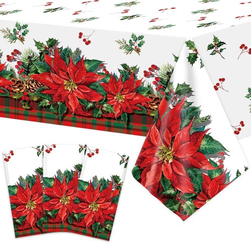 3 Pieces Christmas Party Plastic Tablecloth Christmas Poinsettia Flower Themed Disposable Table Cover Red Green Buffalo Plaid Poinsettia Flower Table Cloth Decorations for Xmas Holiday 54 x 108 Inch