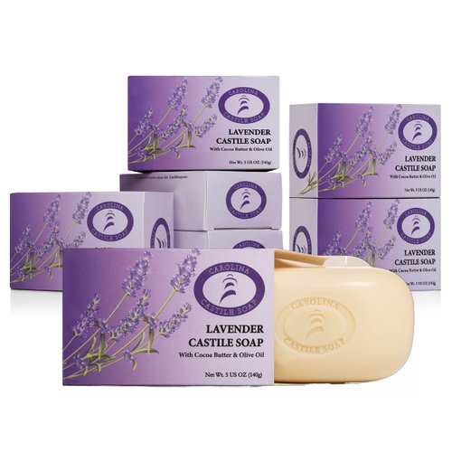 Carolina Castile Soap Vegan Lavender Castile Bar Soap – 6 Bars of Natural Soap for Men, Women, and Kids – Gentle, Hydrating Castile Soap Bars with Organic Cocoa Butter and Olive Oil, 5 Oz. Each